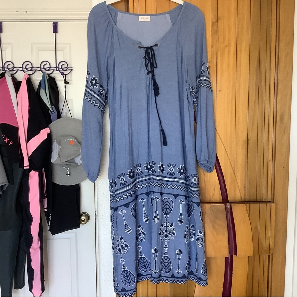 Long Sleeve Blue Embroidered Dress boutique Cookies